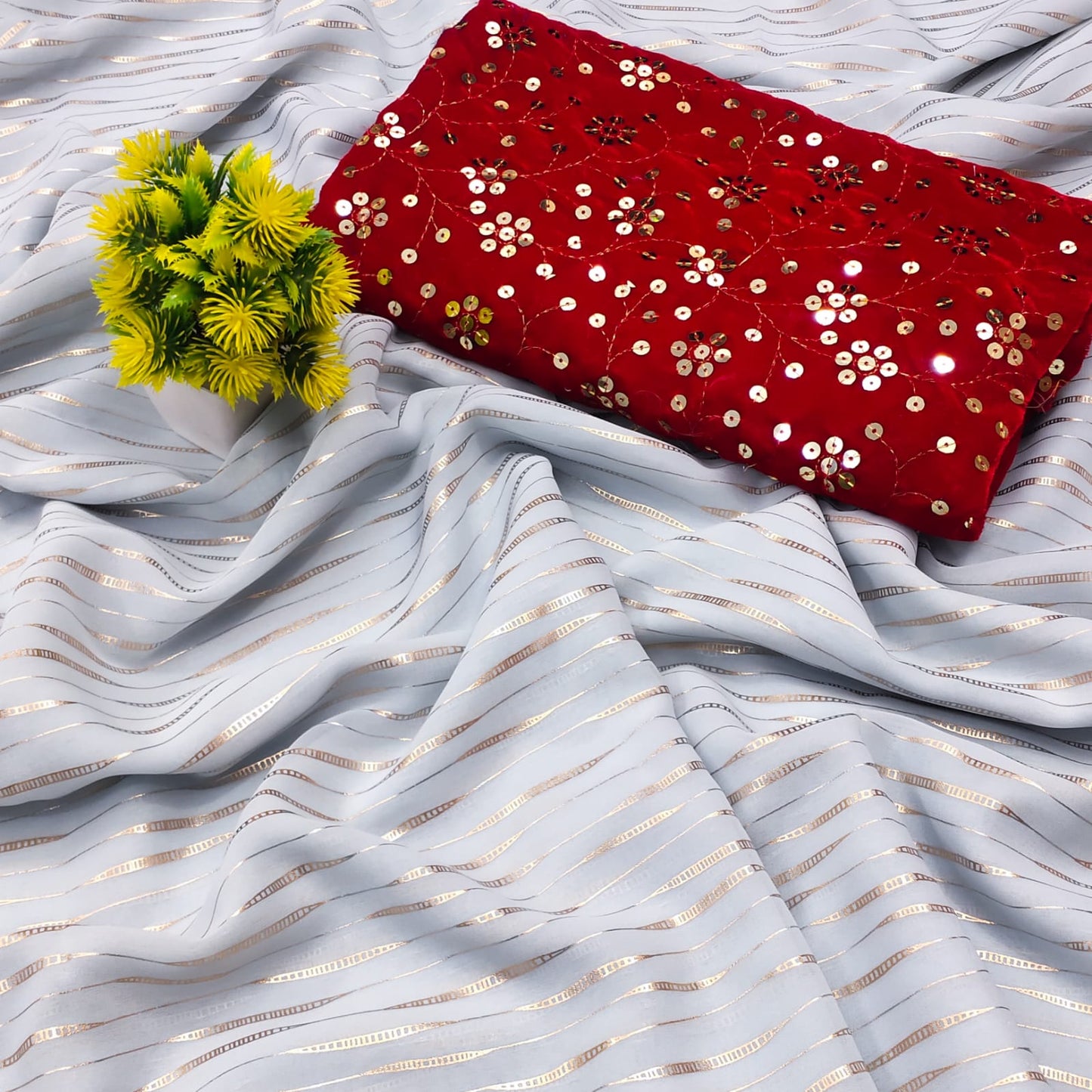 Stylish Light Color Georgette All Over Foil Print Designer Sari with Velvet Work Blouse