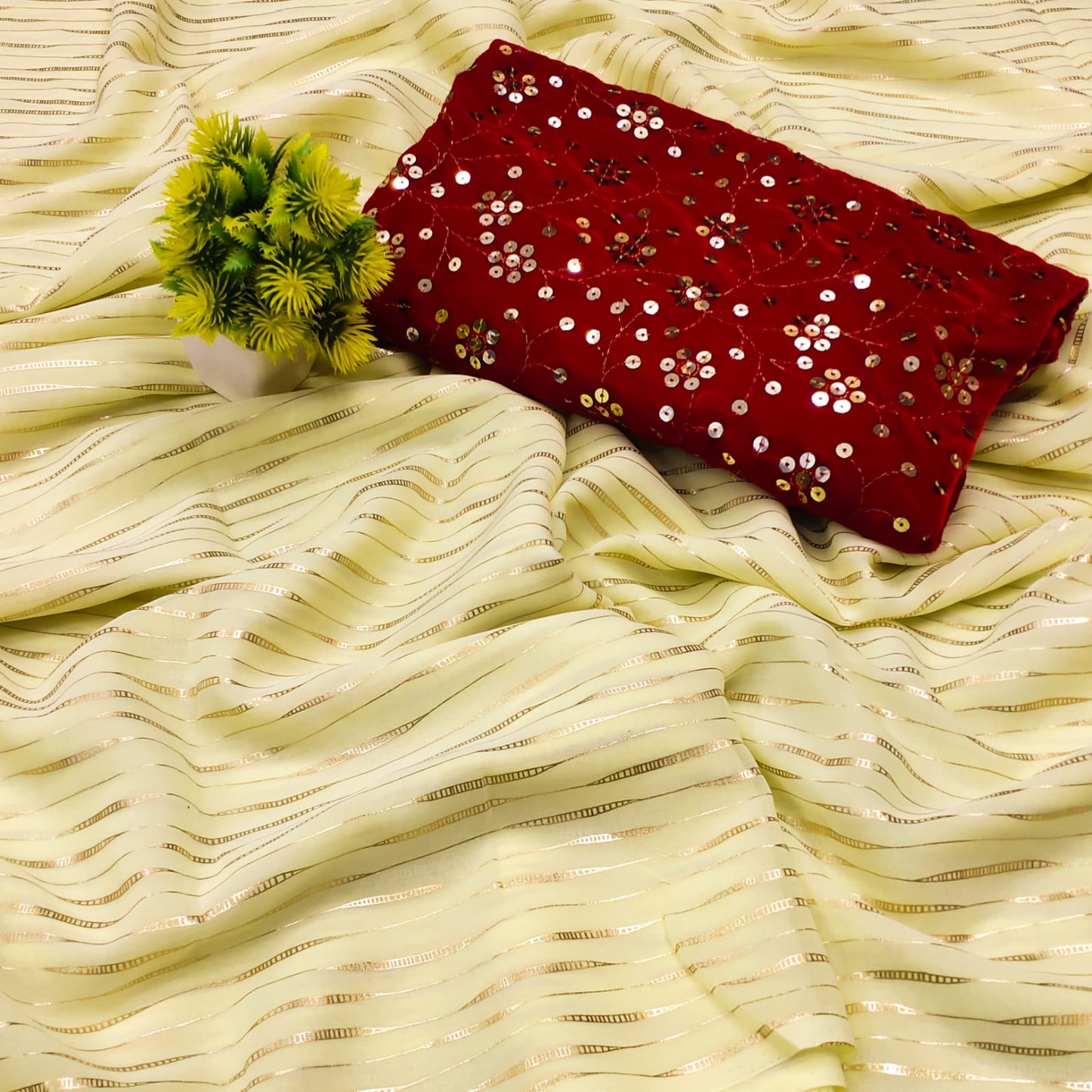 Stylish Light Color Georgette All Over Foil Print Designer Sari with Velvet Work Blouse