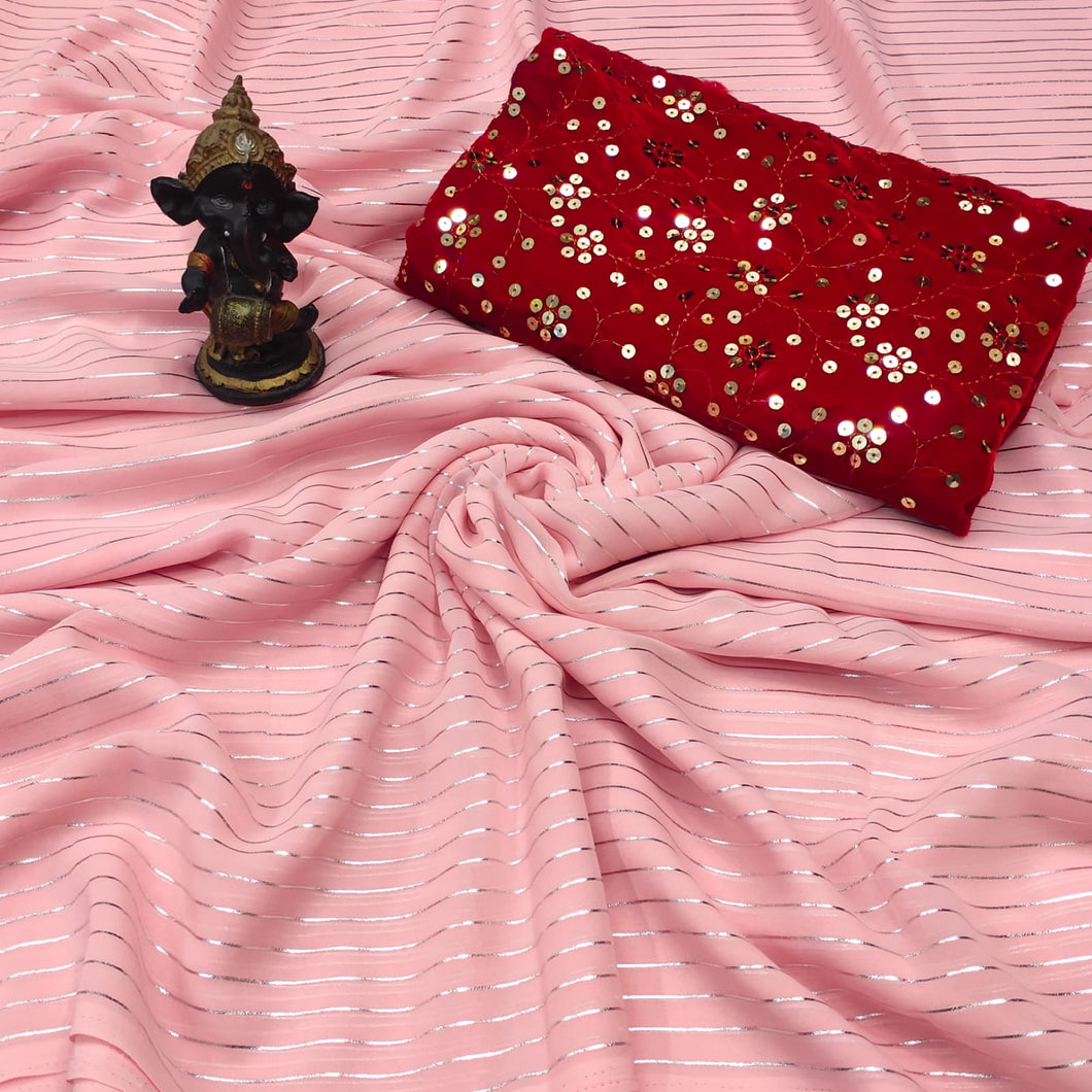 Stylish Light Color Georgette All Over Foil Print Designer Sari with Velvet Work Blouse