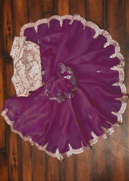 Light Onion Color Nylon Organza Silk Multi & Real Mirror Work Saree