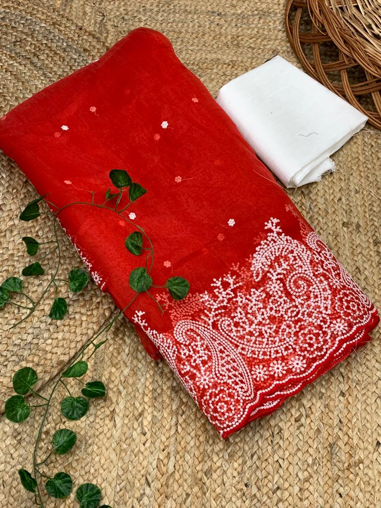 Party Wear Organza Silk Embroidered Border Saree Blouse