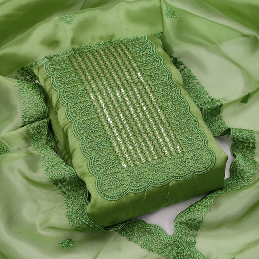 Green Color Organza Silk Sequence Work Unstitched Dress Material