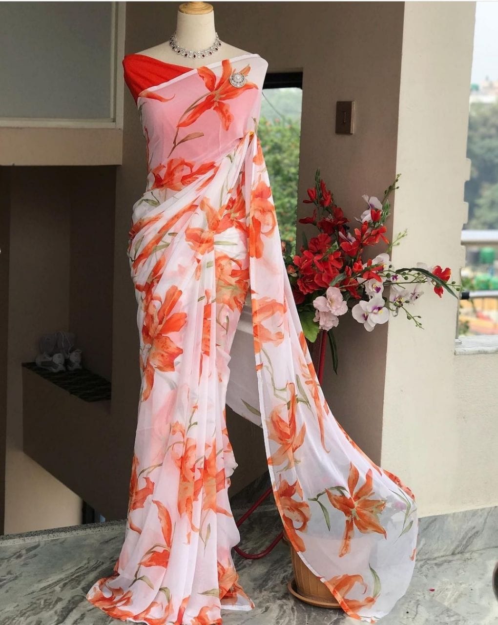 Orange Color Georgette Flowery Print Saree Blouse