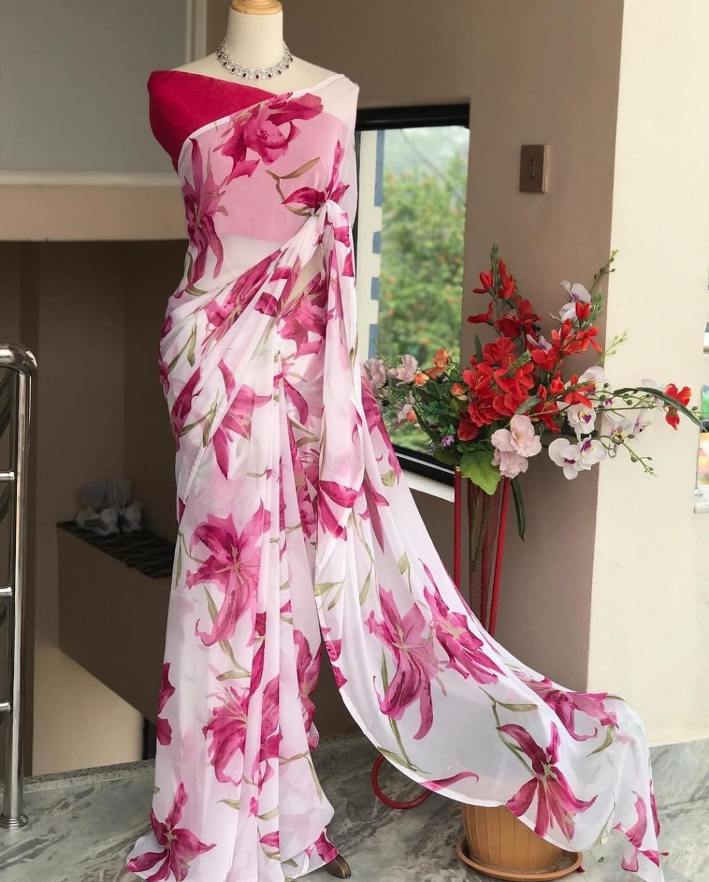 Pink Color Georgette Flowery Print Saree Blouse For Party Wear