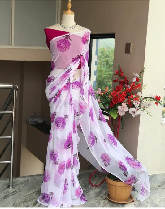 Purple Color Georgette Flowery Print Saree Blouse