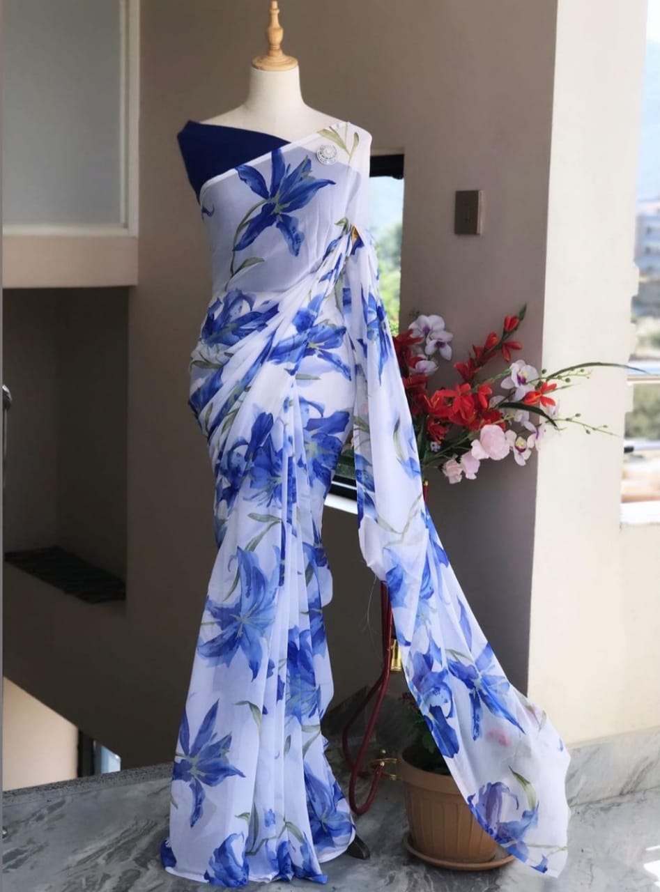 Blue Color Georgette Flowery Print Saree Blouse