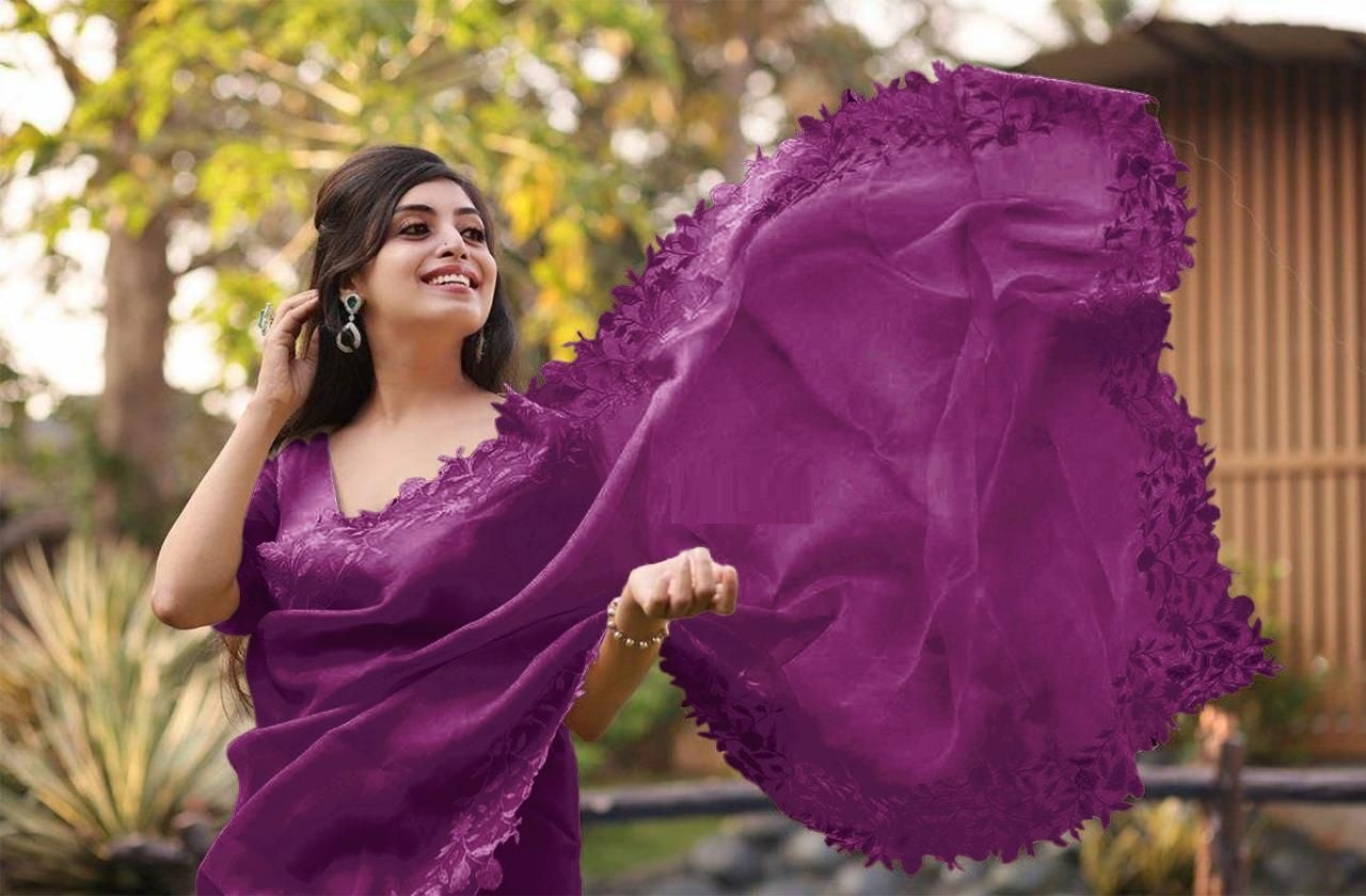 Party Wear Organza Silk Border Embroidered Saree Blouse