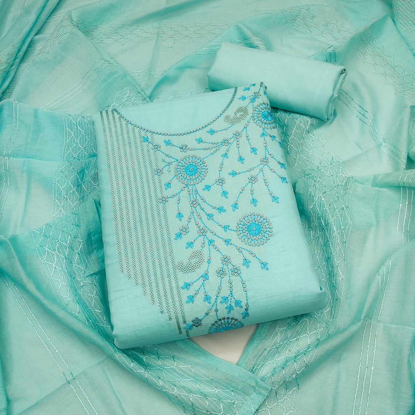 Sea Green Silk Embroidered UnStitched Dress Material