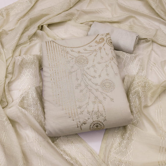 Skin Color Silk Embroidered UnStitched Dress Material For Women