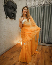 Load image into Gallery viewer, Classic Mustard Color Organza Val Moti Work Saree For Women

