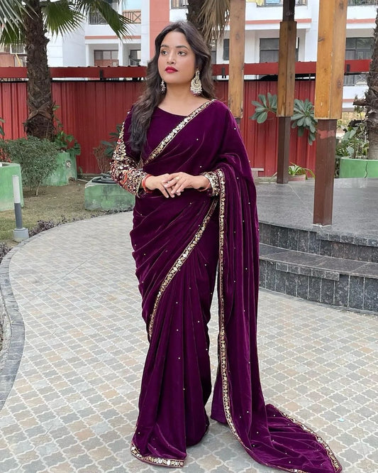 Function Wear Purple Velvet Embroidered work on saree and Blouse For Women