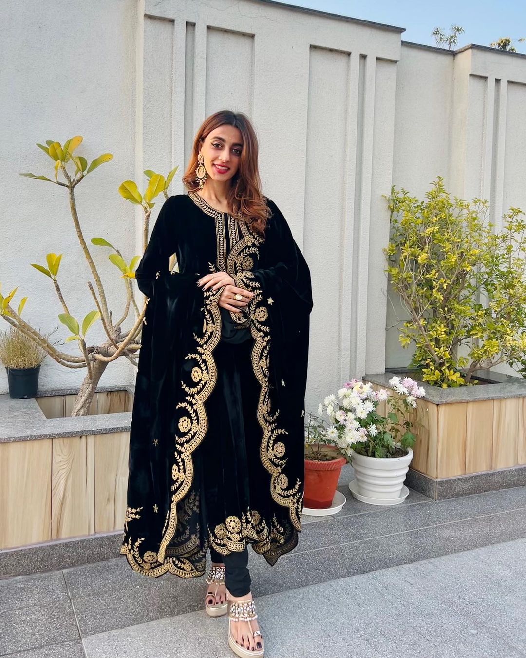 Unqiue Black Color Velvet Embroidered Readymade Gown For Women