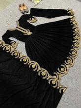 Load image into Gallery viewer, Unqiue Black Color Velvet Embroidered Readymade Gown For Women
