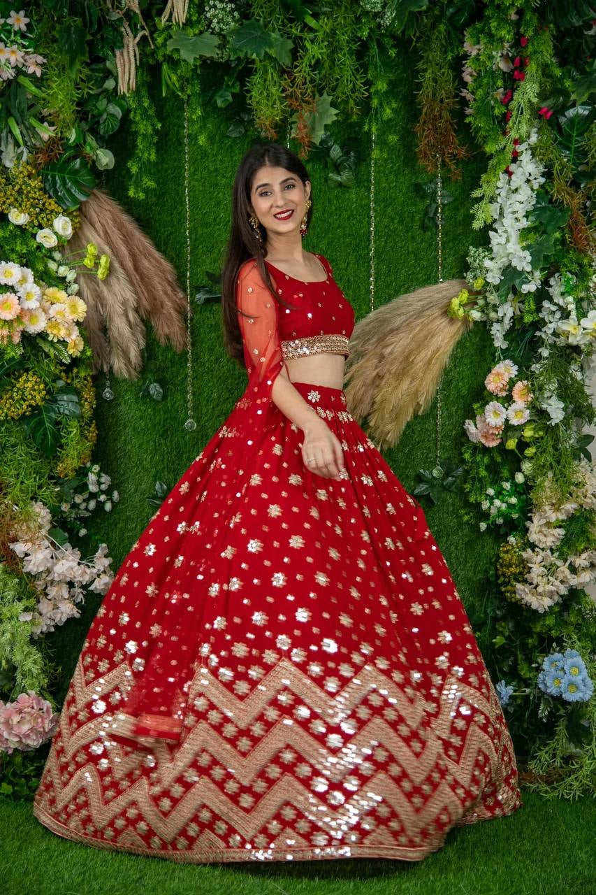 Wedding Wear Red color Soft Net Embroidered Lehenga Choli