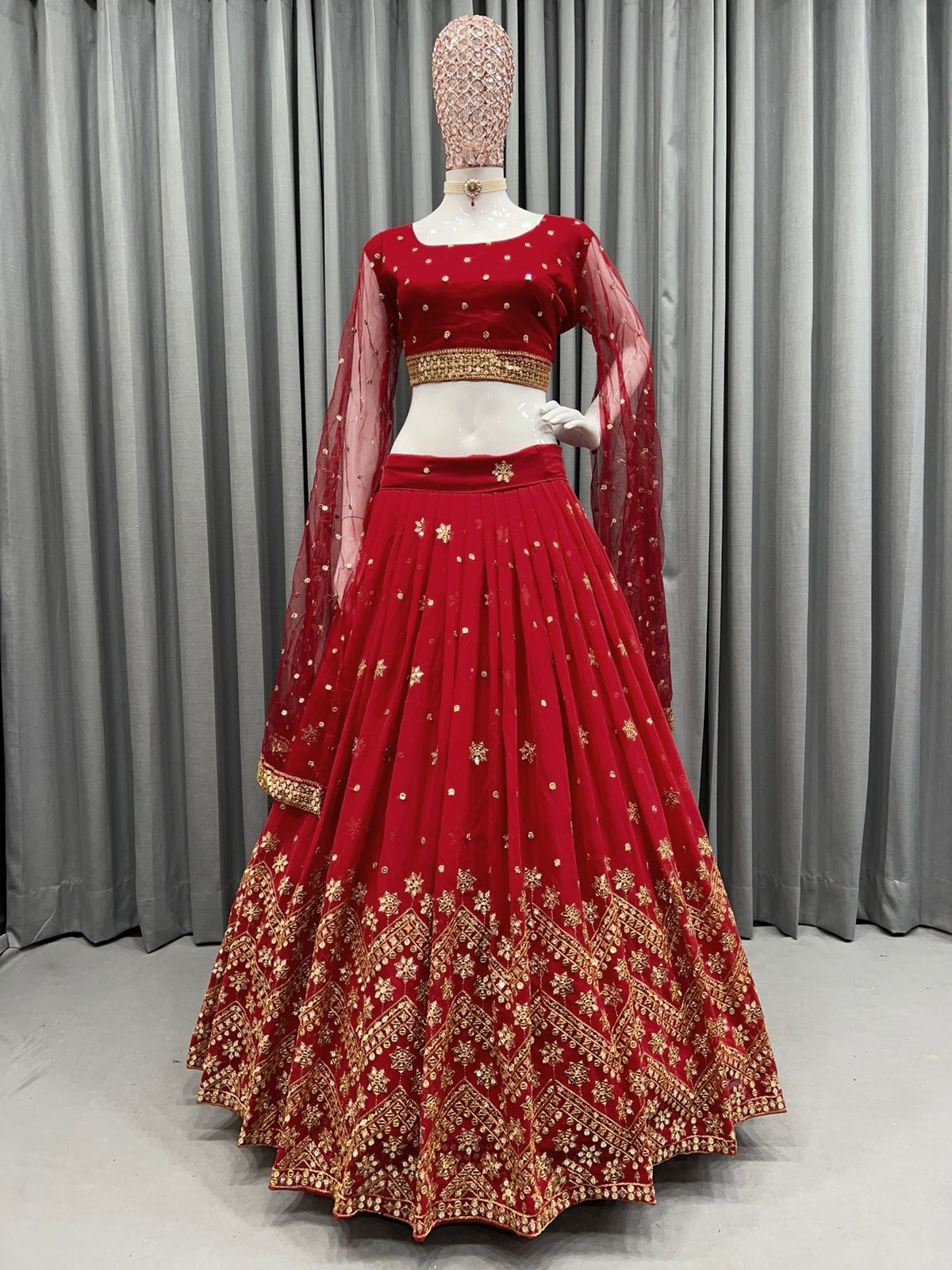 Wedding Wear Red color Soft Net Embroidered Lehenga Choli
