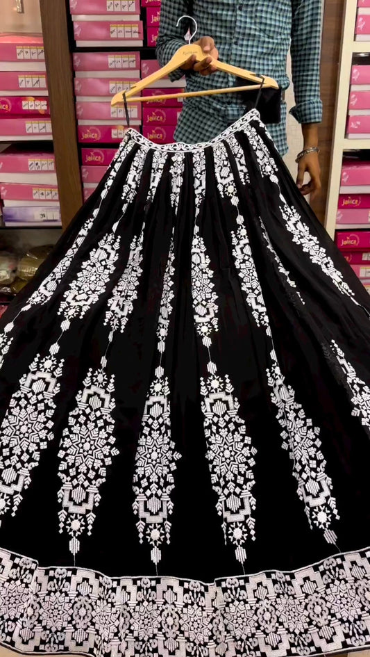 Function Wear Black Velvet White Thread Embroidered Semi Stitched Lehenga Choli
