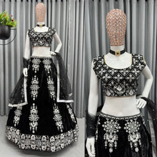 Load image into Gallery viewer, Function Wear Black Velvet White Thread Embroidered Semi Stitched Lehenga Choli
