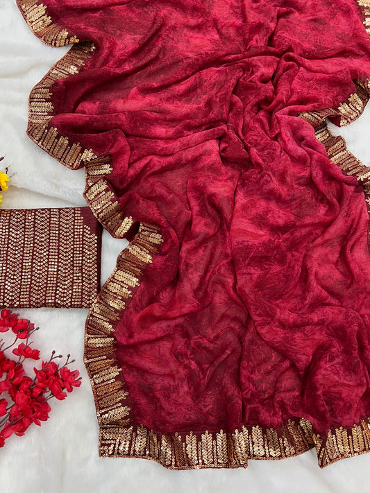 Party Wear Marble Chiffon Printed Border Work Saree