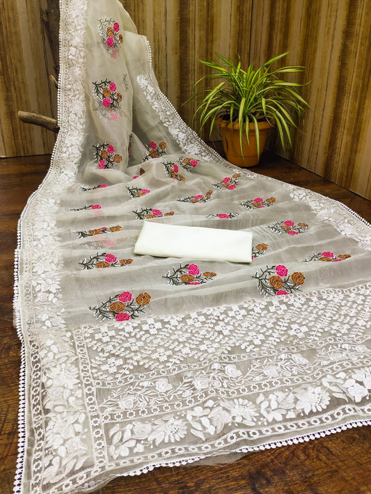 Wedding Wear Pure Organza Lucknowi Embroidered Saree Blouse