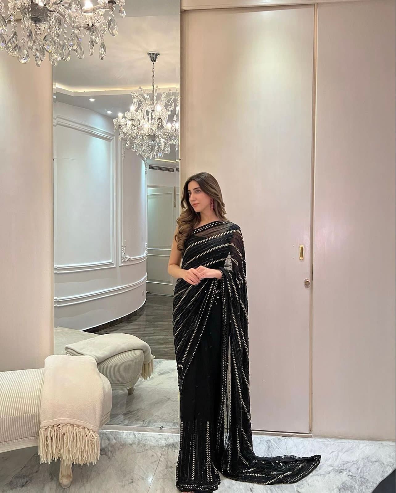 Black Georgette Sequence Work Designer Saree For Wedding Wear Function