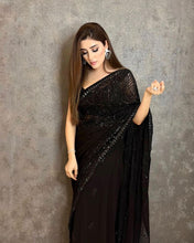 Load image into Gallery viewer, Black Georgette Full Sequence Work Designer Saree For Function Wear
