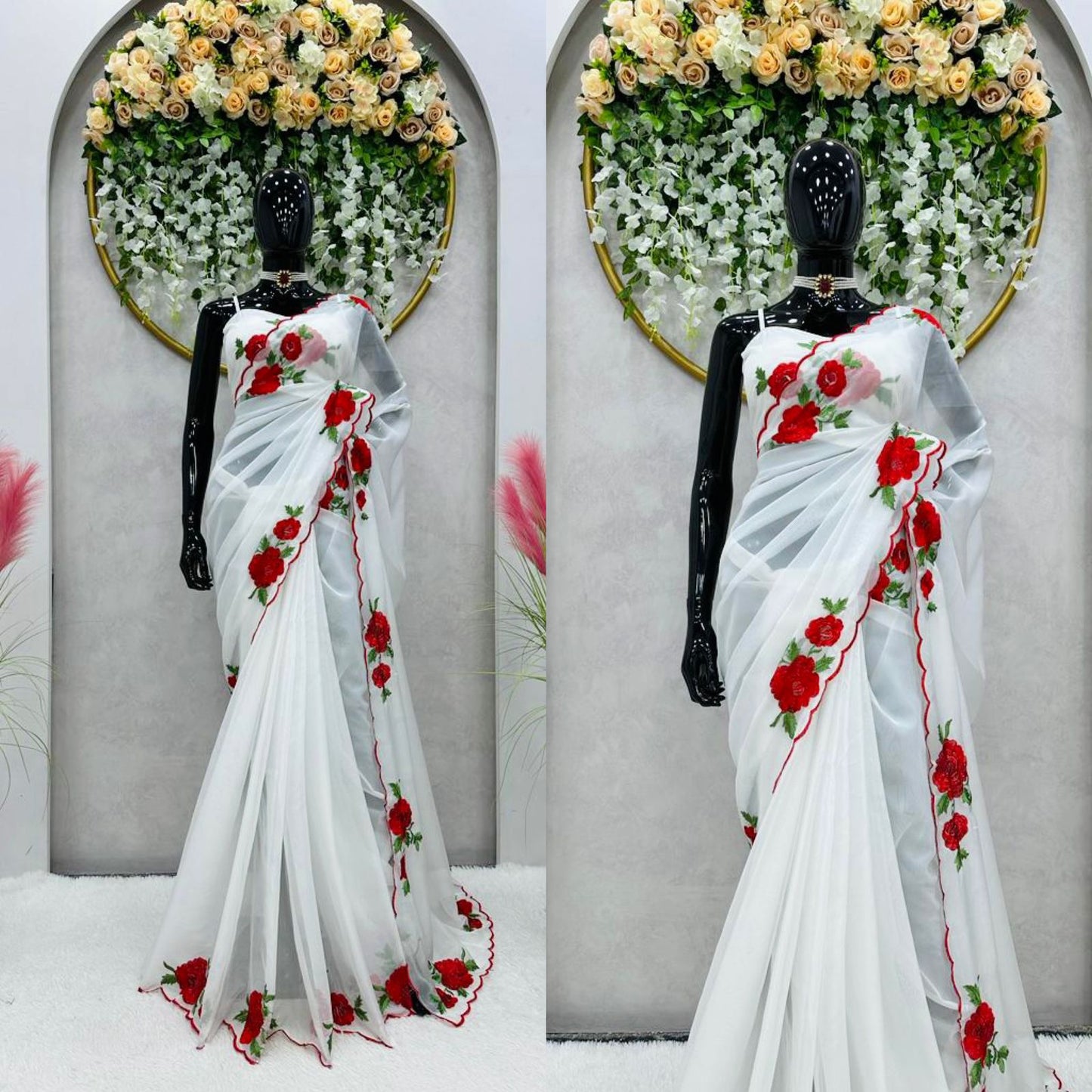 White Soft Tuby Silk Red Flower Thread Work Saree
