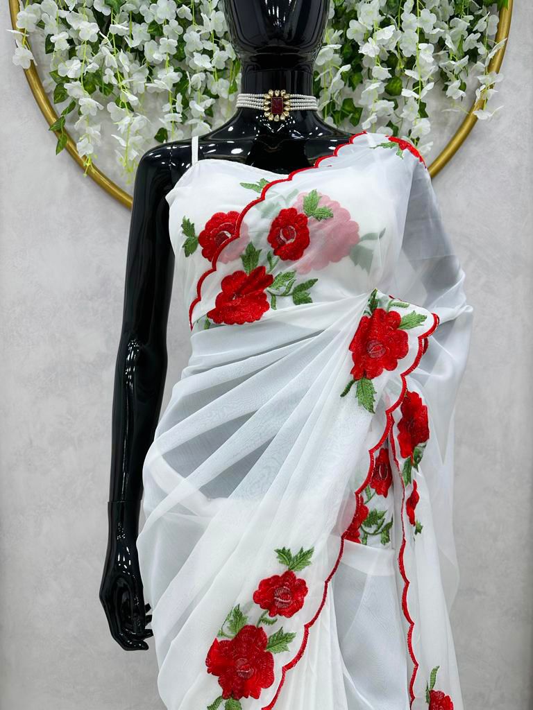 White Soft Tuby Silk Red Flower Thread Work Saree