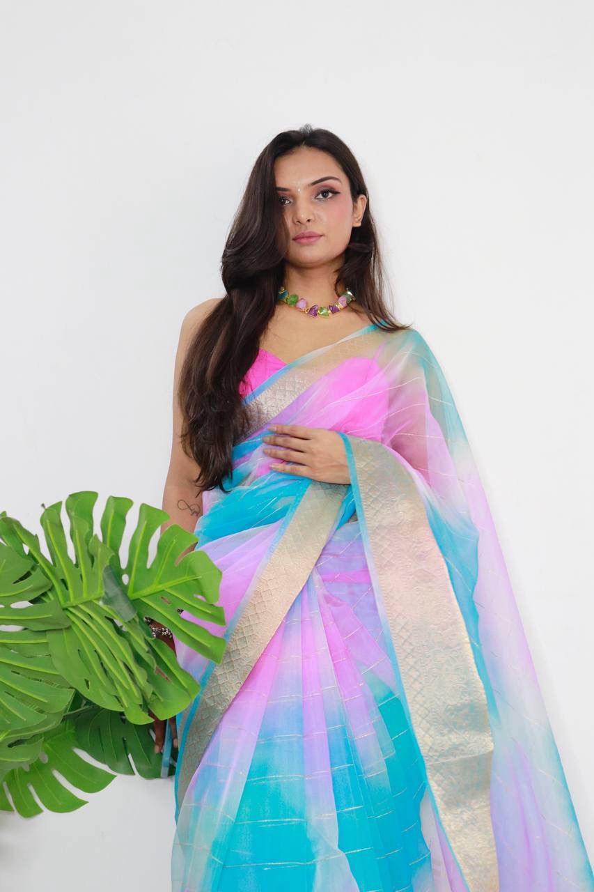 Multi Color Organza Viscose Saree with Multicolor Dyeing & Lurex Zari Weaving