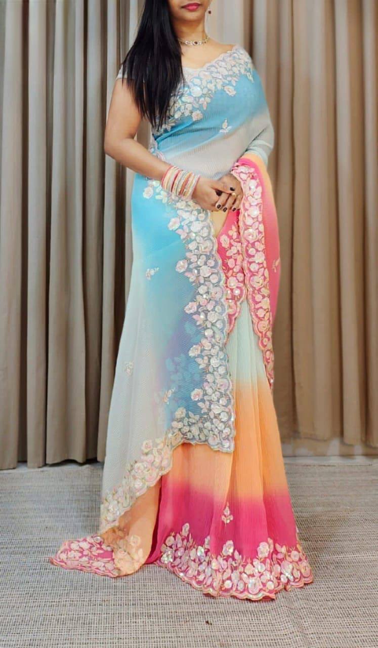 Party Wear Georgette Crush Saree with Sequence Work