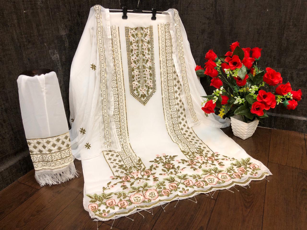 Wedding Wear White Georgette Thread Embroidered Work Salwar Suit