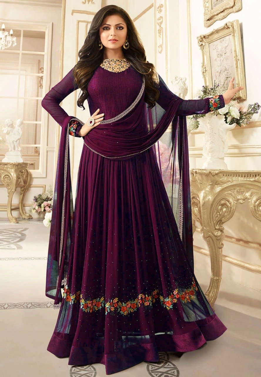 Wine Color Georgette Embroidered Semi Stitched Anarkali Suit
