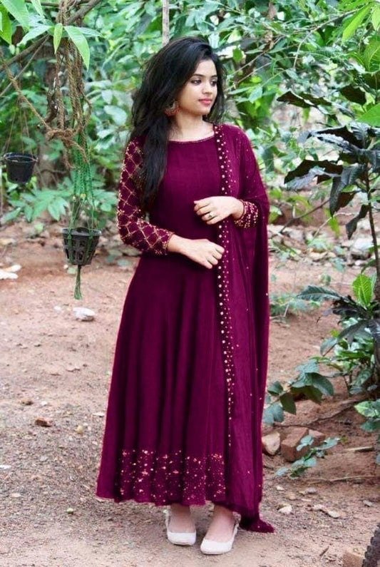 Wine Color Party Wear Georgette Latest Moti Work Designer Gown With Dupatta