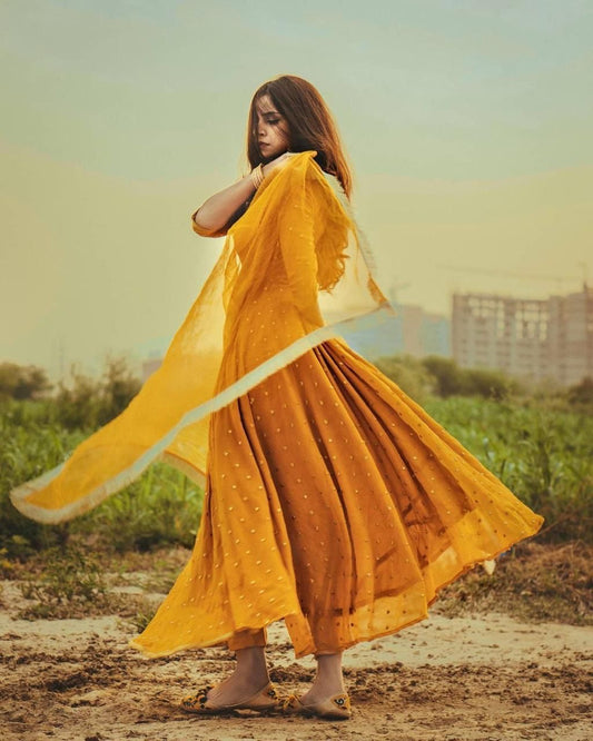 Wonderful Mustard Color Georgette Embroidered Work Gown Dupatta For Festive Wear