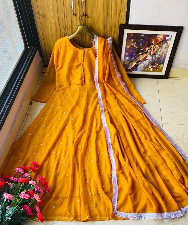 Wonderful Mustard Color Georgette Embroidered Work Gown Dupatta For Festive Wear