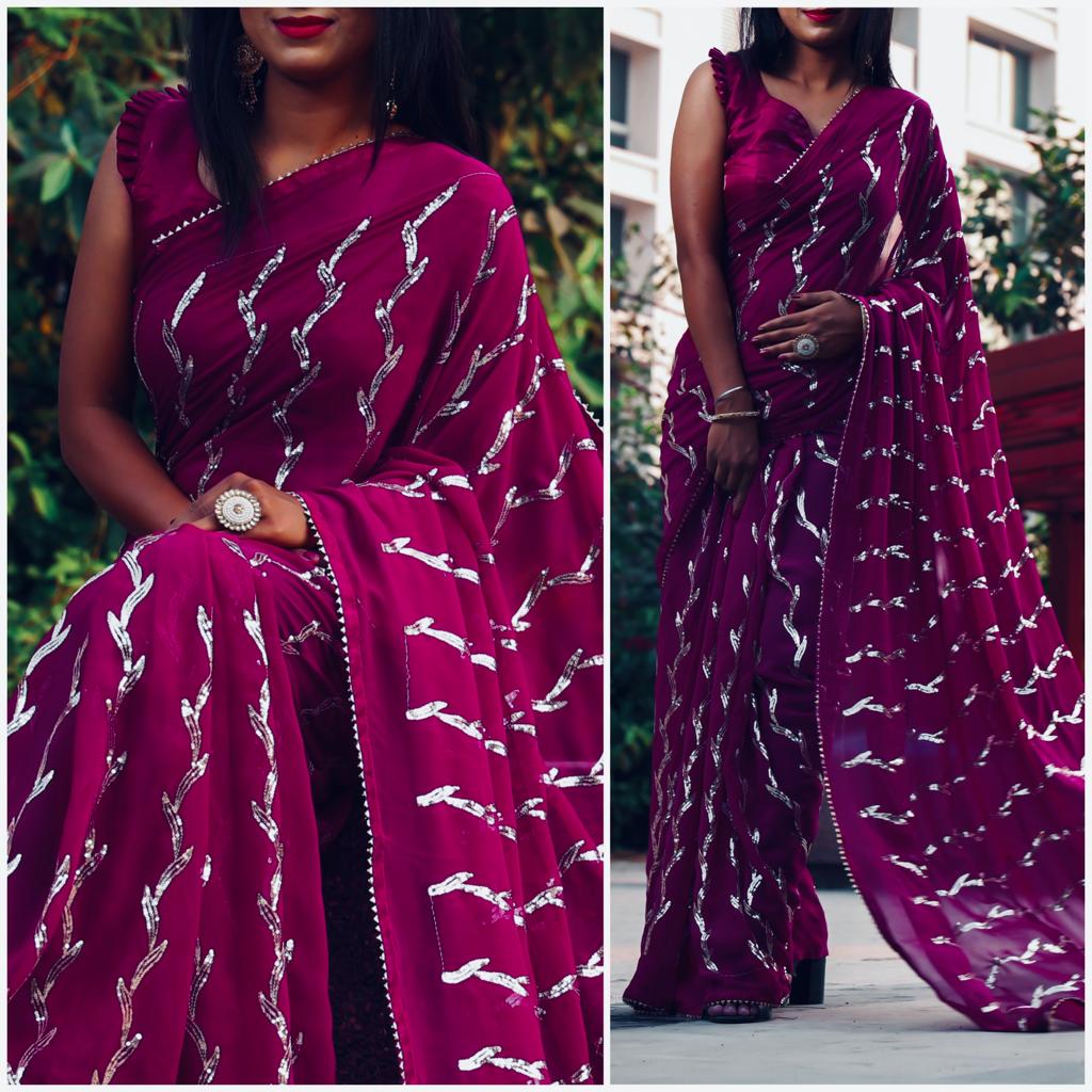 Extraodinary Wine Color Wedding Wear Georgette Sequence Work Saree Blouse