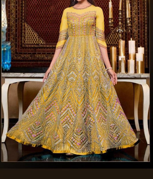 Amazing Yellow Color Net Designer Glitter Sequence Work Party Wear Salwar Suit