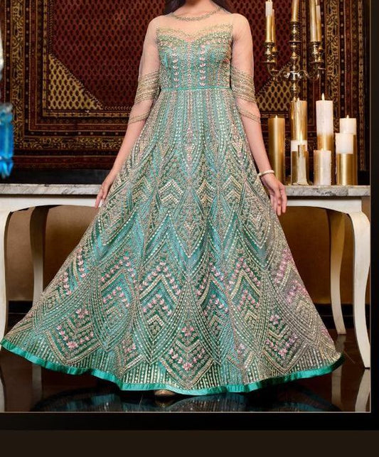 Sizzling Sea Green Color Embroidered Work Net Salwar Suit For Function Wear