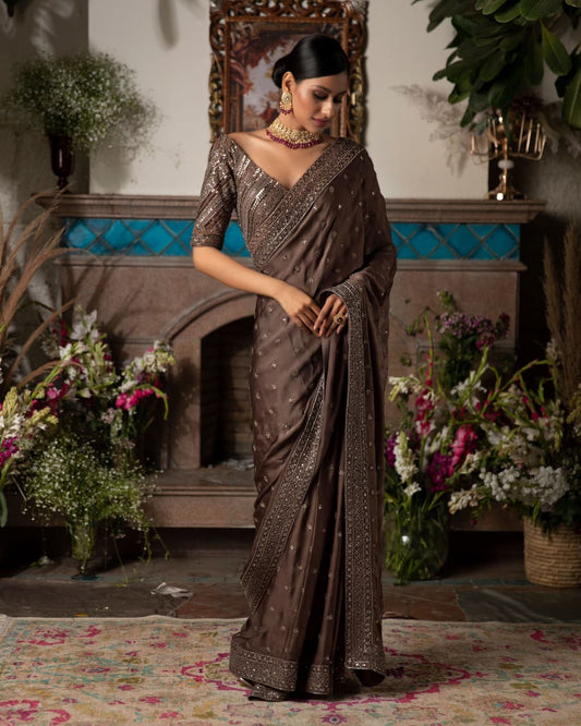 Wondrous Brown Color Wedding Wear Dola Silk Sequence Thread Work Saree Blouse