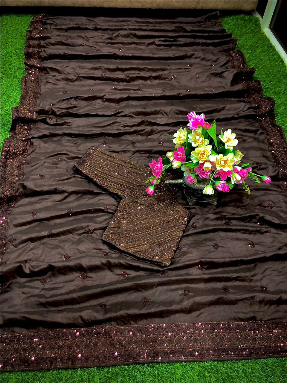 Wondrous Brown Color Wedding Wear Dola Silk Sequence Thread Work Saree Blouse