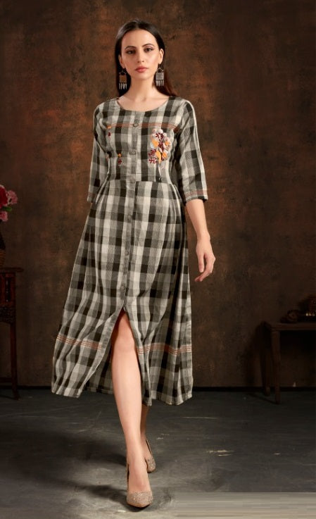 Desirable Cotton Embroidered Work Checks Ready Made Gown For Women