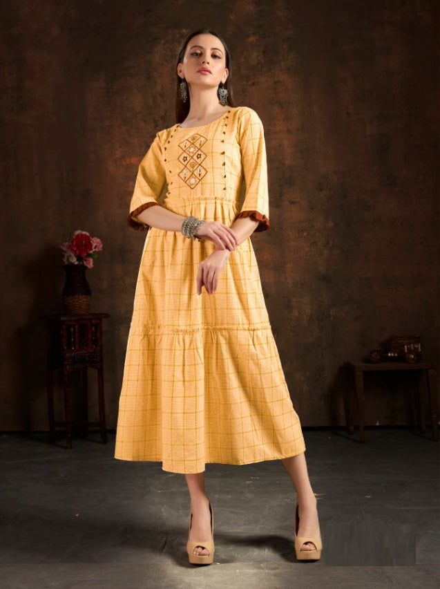 Desirable Cotton Embroidered Work Checks Ready Made Gown For Women