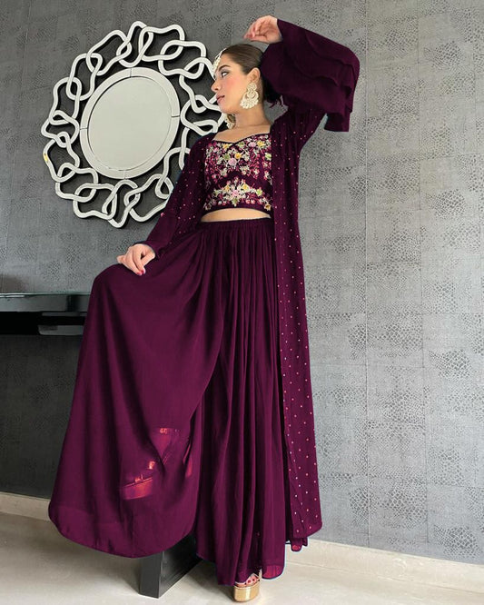 Graceful Wine Color Embroidered Work Georgette Party Wear Indo Western