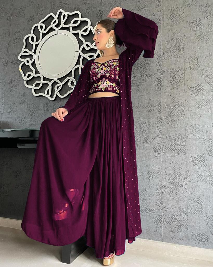 Graceful Wine Color Embroidered Work Georgette Party Wear Indo Western