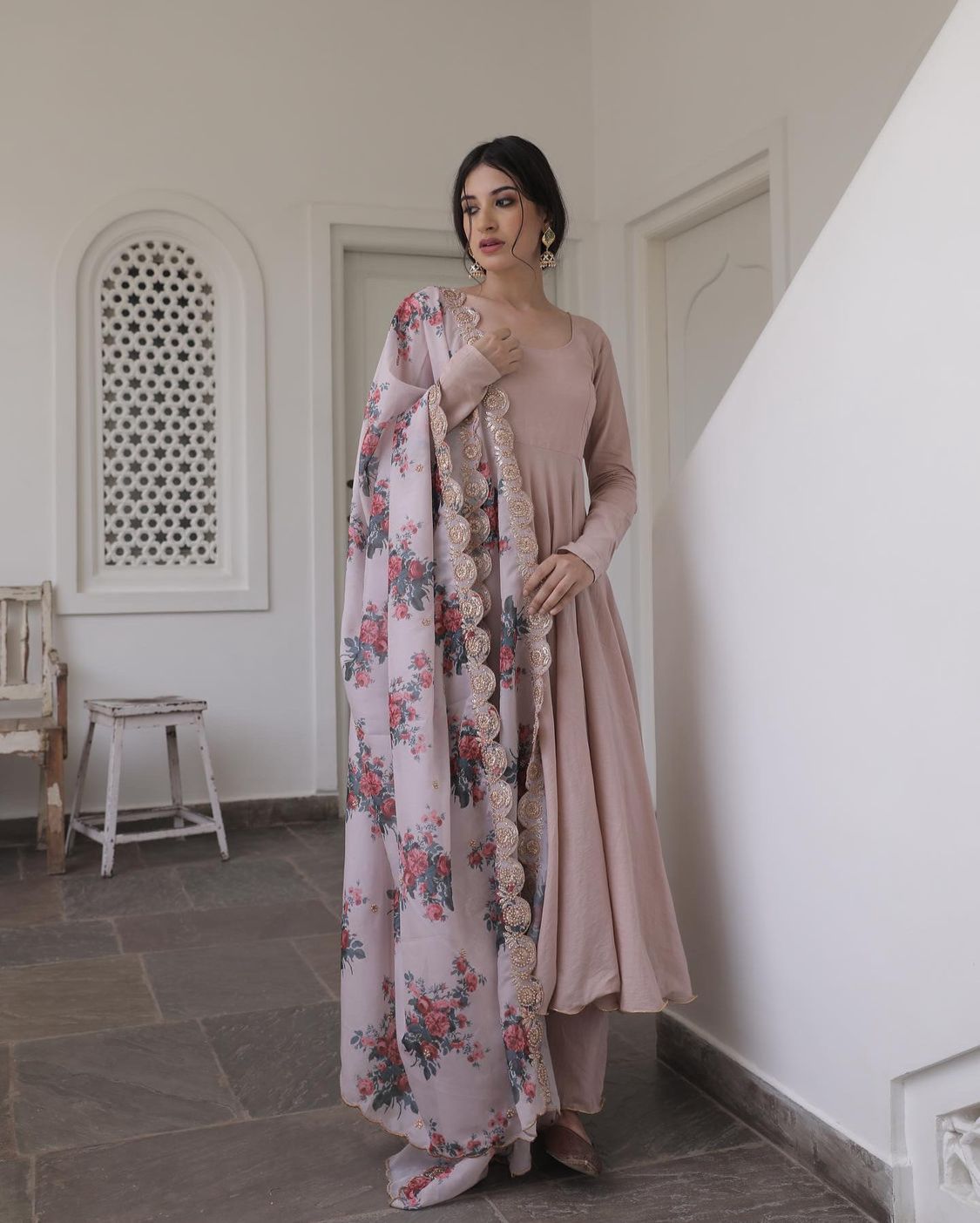 Sensational Violet Color Georgette Printed Gown Dupatta For Festive Wear