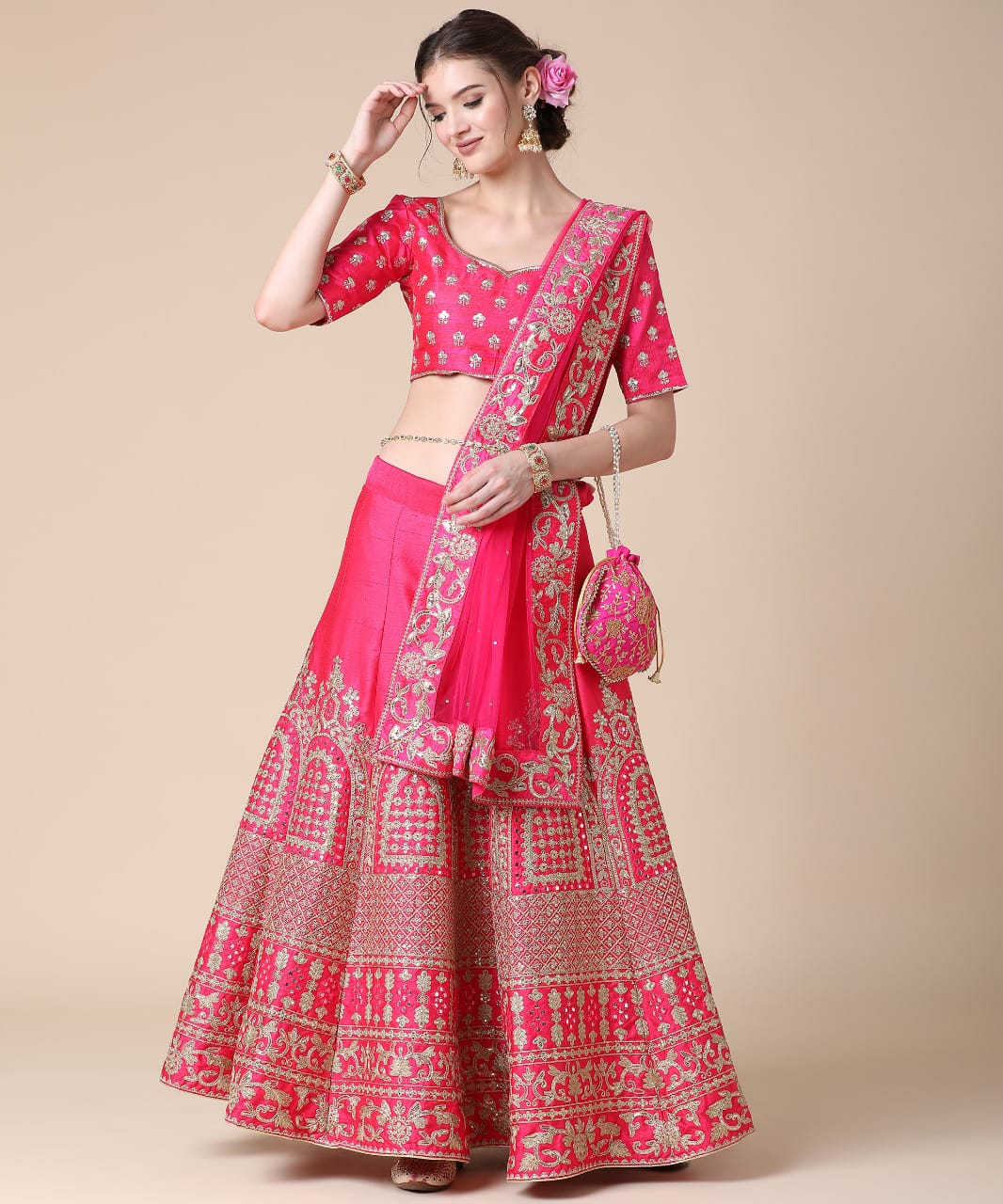 Elegant Rani Pink Silk Sequence Thread Work Lehenga Choli For Wedding Wear