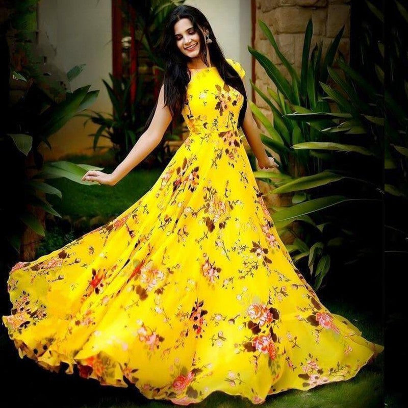Awesome Lime Yellow Crep Silk Printed Ready Made Long Designer Gown