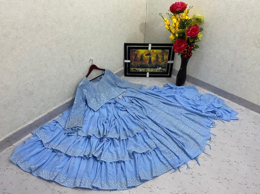 Blue Color Georgette Ready to Wear Ruffle Style One Minute Saree With Stitched Blouse