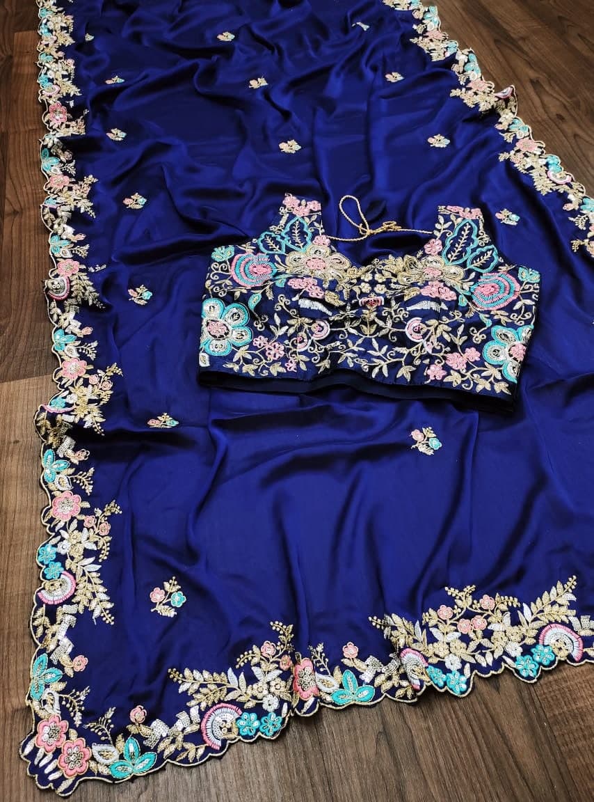 Wedding Wear Blue Color Rangoli Silk Saree For Women.
