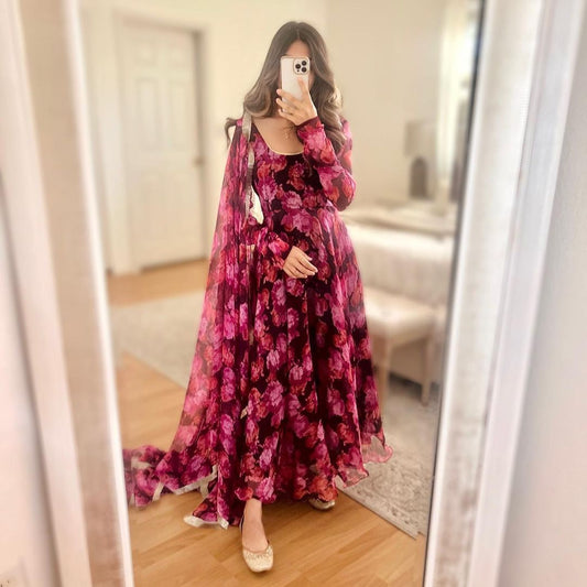 Heavy Georgette Digital Printed Full Stiched Gown With Digital Printed Duppata