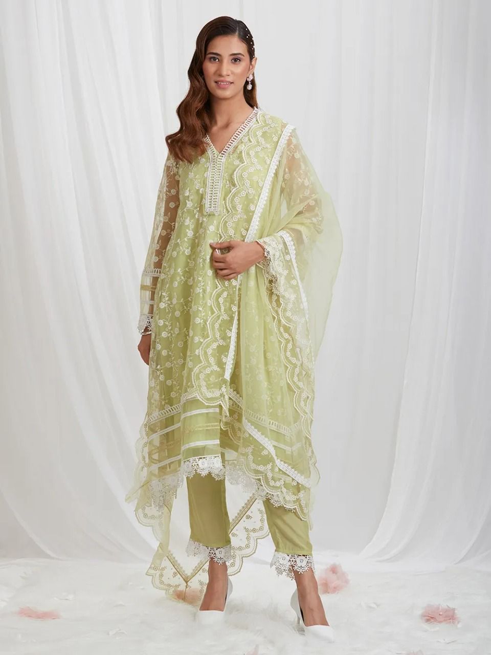 Designer Organza Silk Thred Worked Suit With Satin Silk Bottom And Organza Silk Duppata